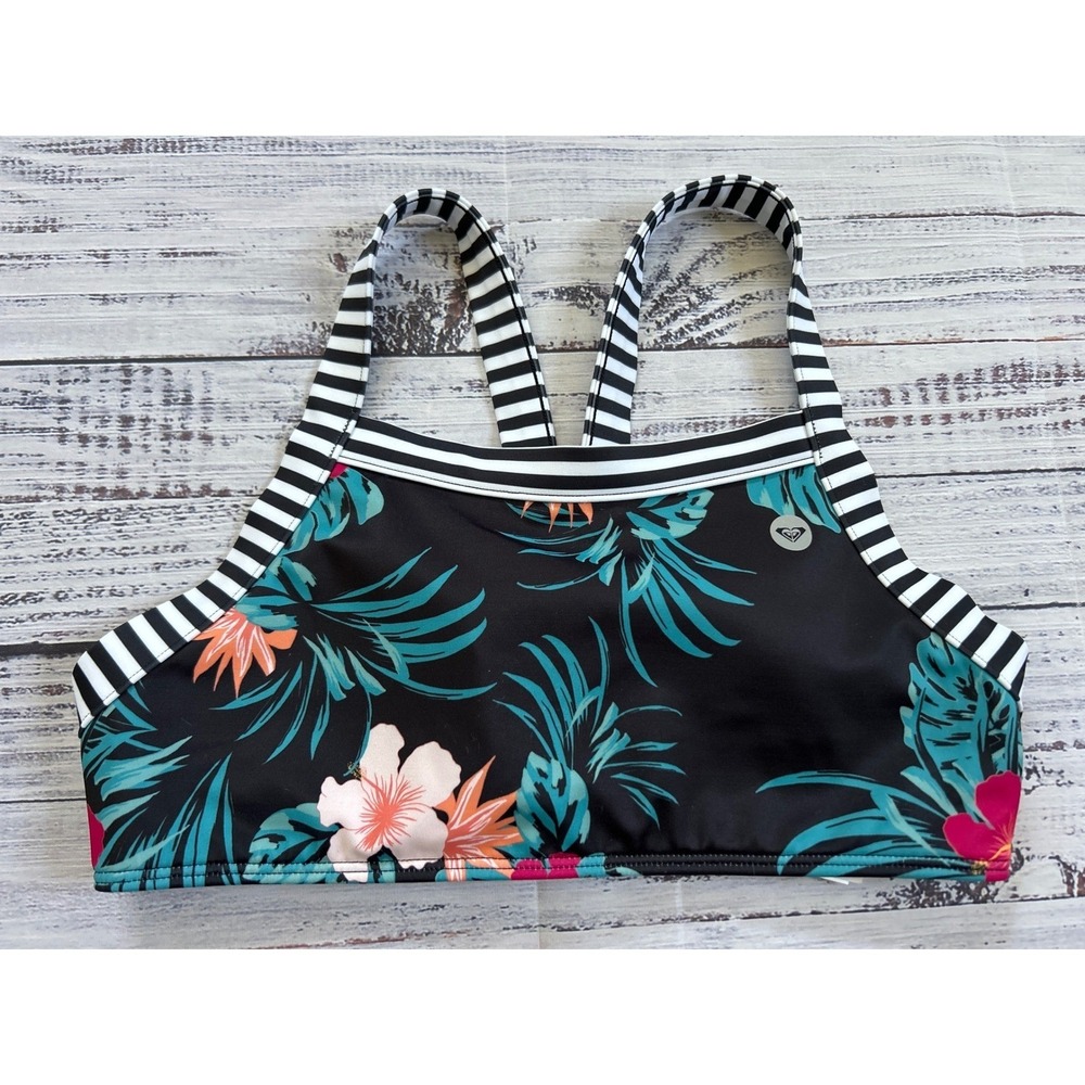 Roxy Bikini Top Kids Black Tropical Floral Striped Adjustable Straps Size 12
